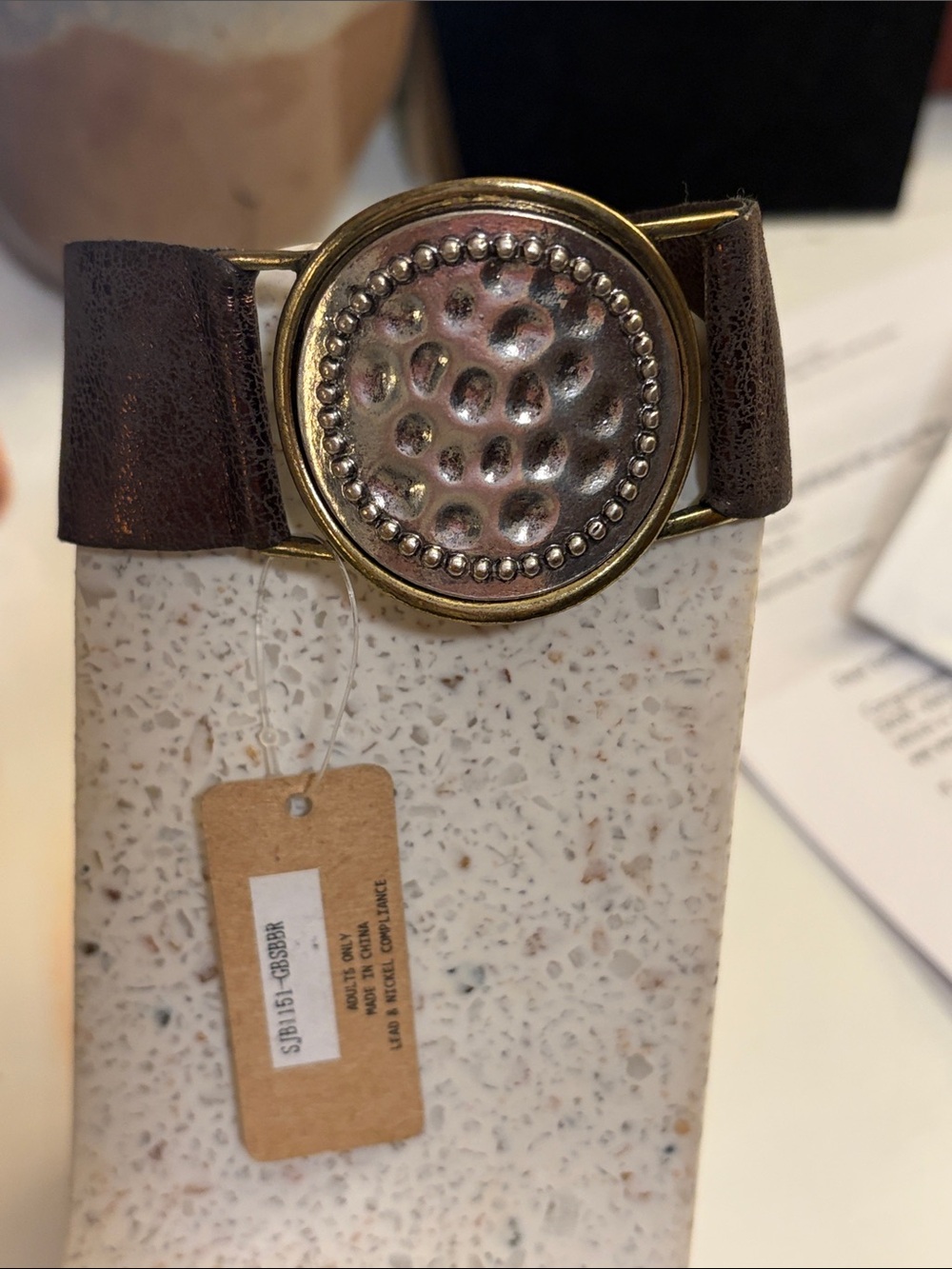 Hammered Disc Brown Leather Bracelet with Antique Gold Accent